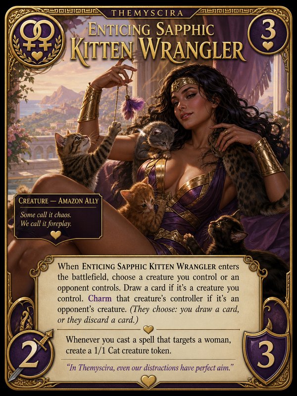 Custom fantasy TCG card of a Themyscira Amazon woman lounging surrounded by playful curious kittens