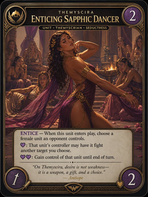 Fantasy TCG card art of Enticing Sapphic Dancer, a Themysciran unit dancing for Amazon women in a...