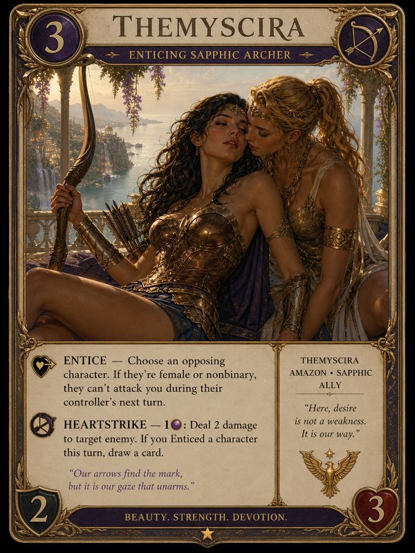 Ornate fantasy TCG card of Themyscira, showing two affectionate sapphic Amazon archers overlookin...