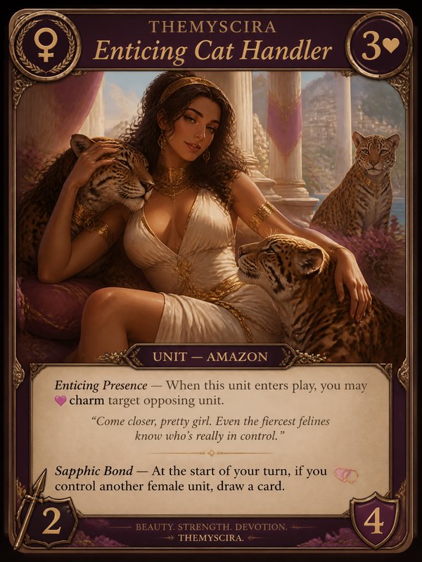 Fantasy trading card of Enticing Cat Handler, a Themyscira Amazon unit seated with her leopard co...