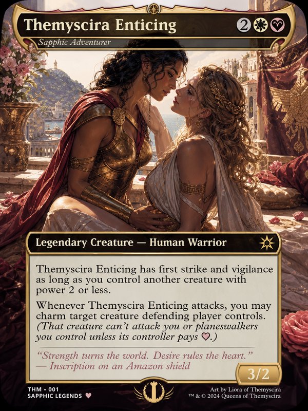 Custom Magic: The Gathering card art depicting two tender sapphic Amazon women in an intimate sun...