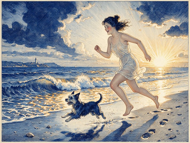 [Vintage engraved illustration of a smiling barefoot woman running alongside a terrier dog on a sunlit beach at sunrise]