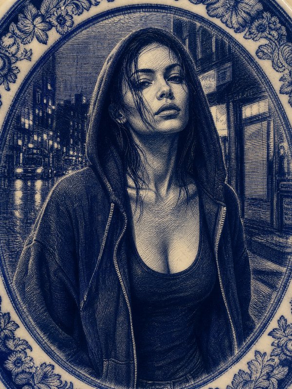 Blue ink etched portrait of a hooded woman, framed by decorative Delft ceramic plate border with ...