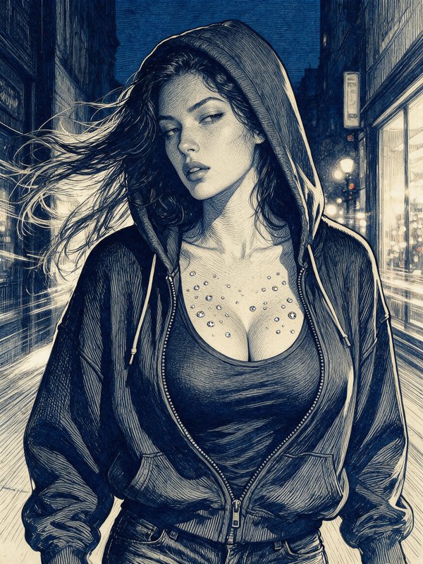Pen line art portrait of a woman in an oversized hoodie standing on a lit urban street at night, ...