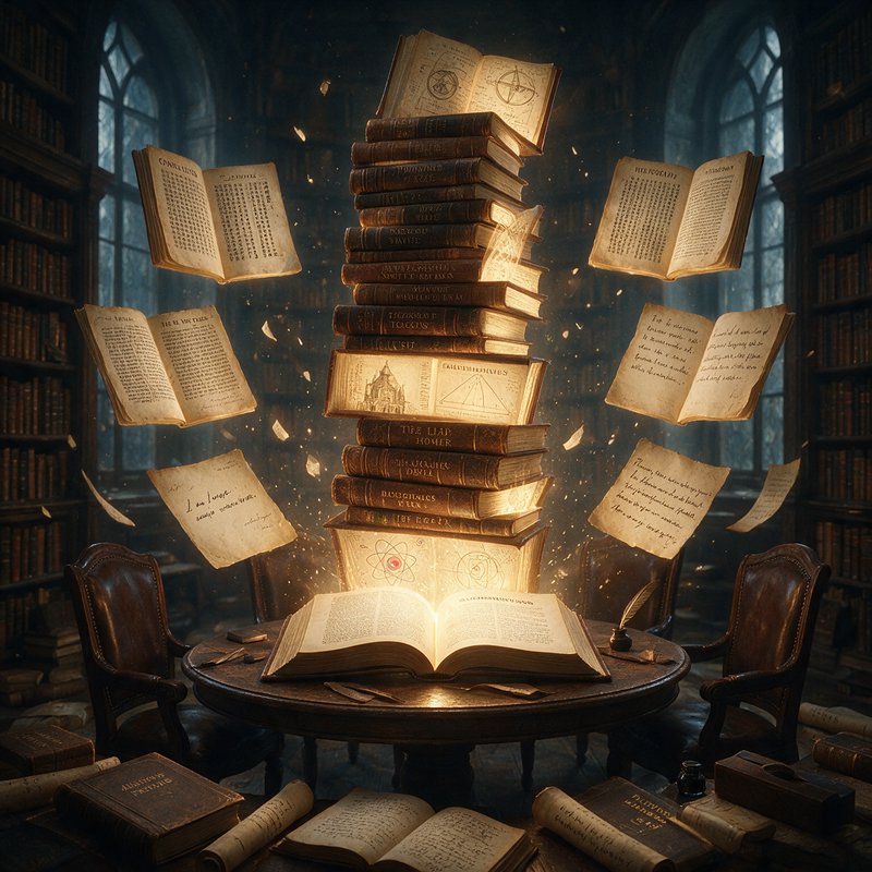 Levitating glowing open books circle a tall stack of ancient leather tomes inside a dim enchanted...