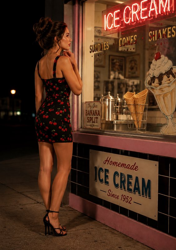Stylish woman in cherry print mini dress stands outside a glowing retro ice cream parlor window a...