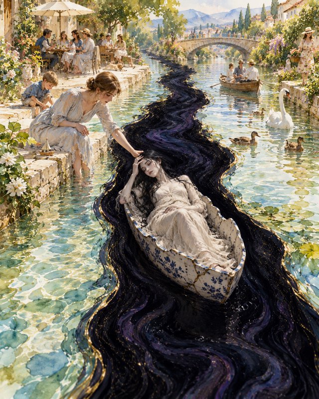 Surreal sunlit village canal scene, a woman reaches to touch a pale reclining woman resting in a ...