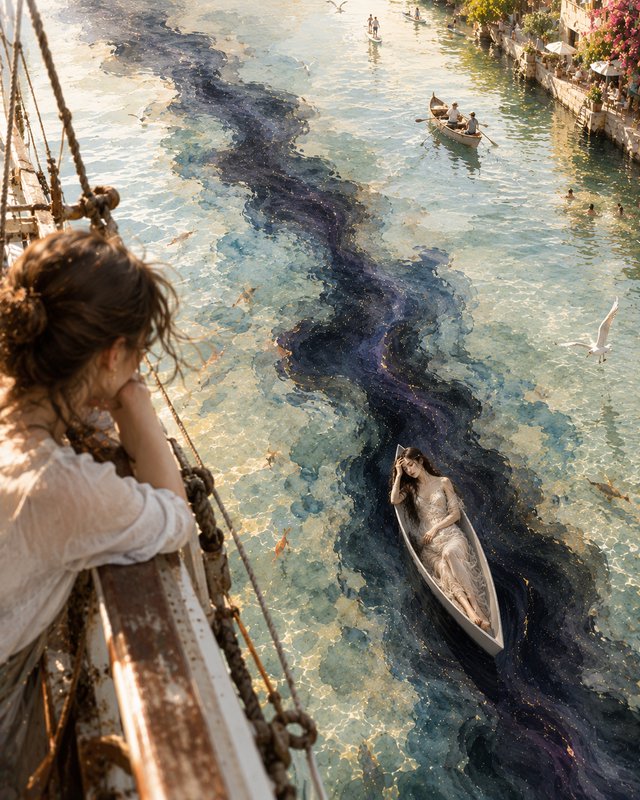 Woman leans on ship rail overlooking a surreal sunlit canal where an ethereal woman reclines in a...