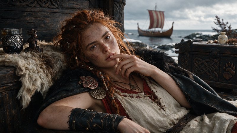 Pensive red-haired viking woman reclines, traditional norse longship anchored on overcast coastal...