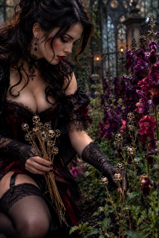 Gothic woman in lace attire kneels tending surreal gold skull-topped flowers in a misty overgrown...