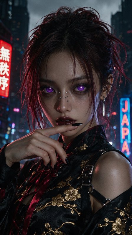Close-up portrait of a cyberpunk woman with glowing purple eyes, posed against a neon-lit Tokyo n...