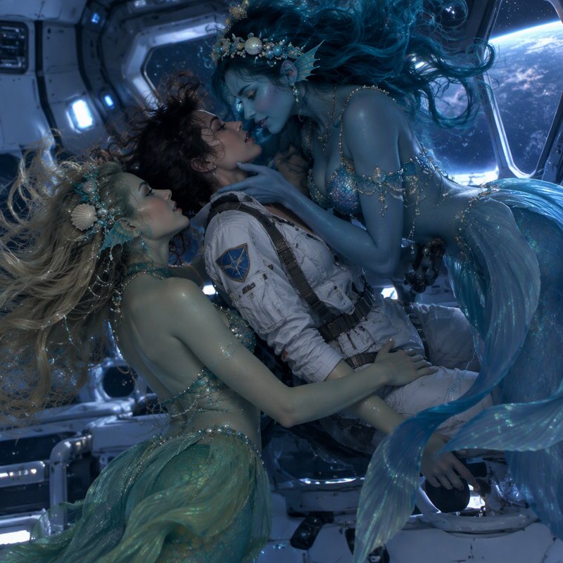 Two iridescent mermaids embrace a weightless astronaut inside an orbiting space station