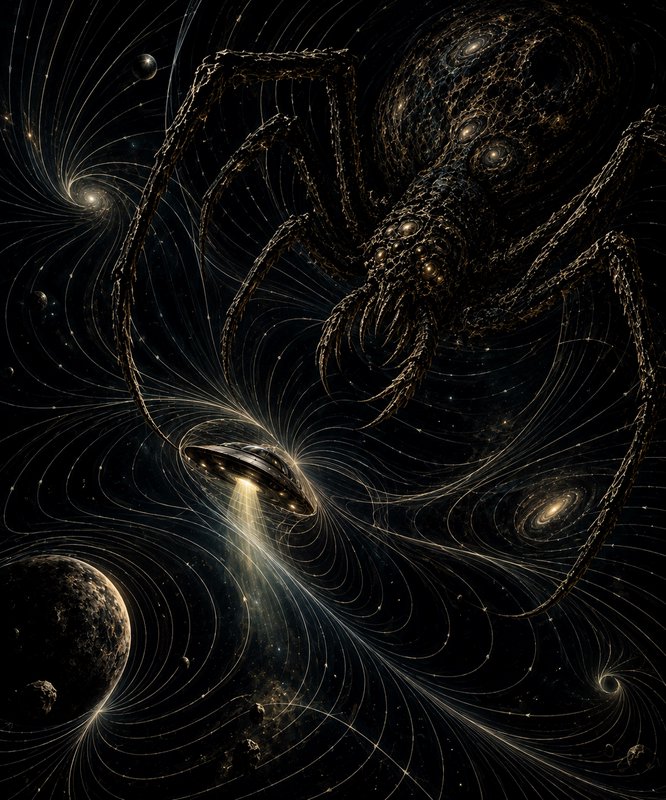 Giant cosmic spider entity looms over a flying saucer in swirling deep outer space
