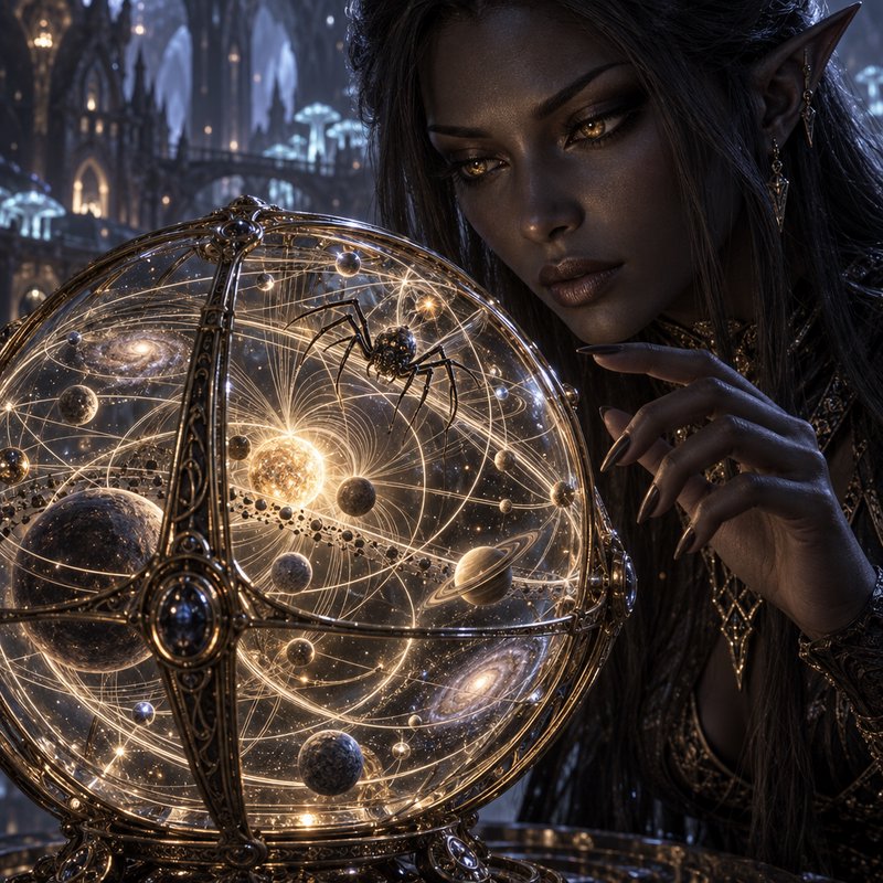 Dark elf astromancer leans in to observe a glowing cosmic orrery holding a tiny celestial spider