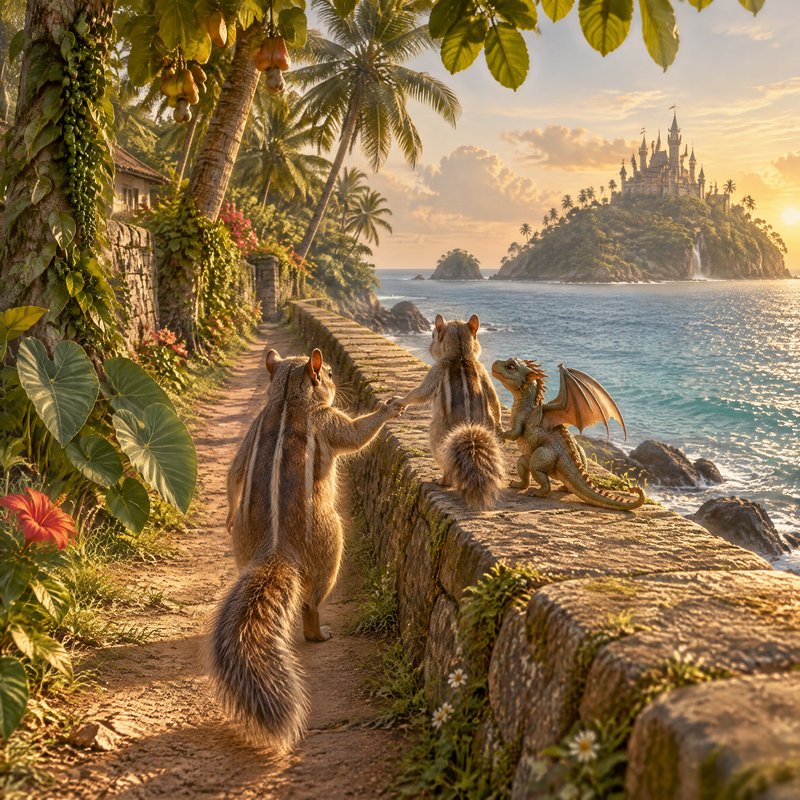Anthropomorphic chipmunks and a tiny dragon gaze at a fairytale castle on a tropical island at go...