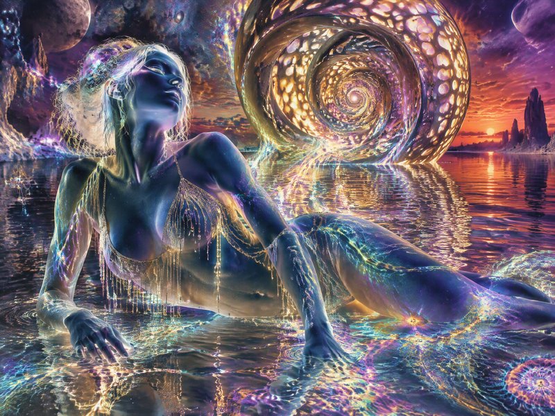 Glowing ethereal celestial woman reclines in shimmering water beside a swirling golden spiral por...