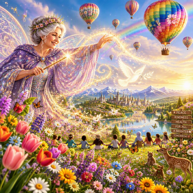 Kind elderly fairy godmother casts magic over a sunlit wildflower meadow full of children and whi...