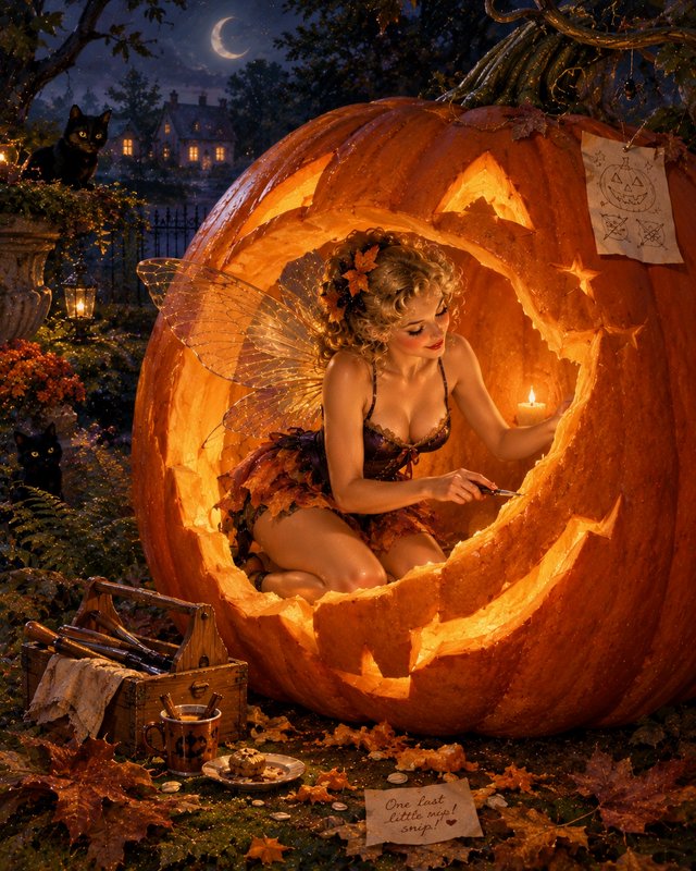 Winged autumn fairy carving a giant glowing jack-o-lantern in a moonlit Halloween garden