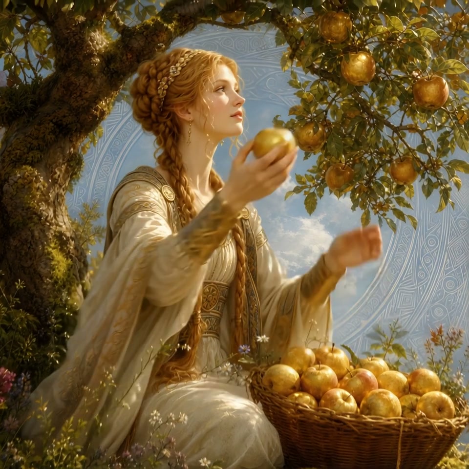 A regal woman in a flowing cream gown with braided hair reaches for golden apples on a sunlit tree.