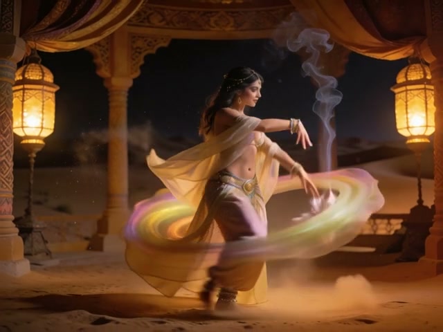 Magical Middle Eastern belly dancer performs with a swirling rainbow energy trail in an ornate de...