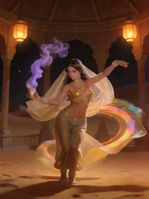 Magical Arabian belly dancer conjuring purple smoke and iridescent light while performing in an o...