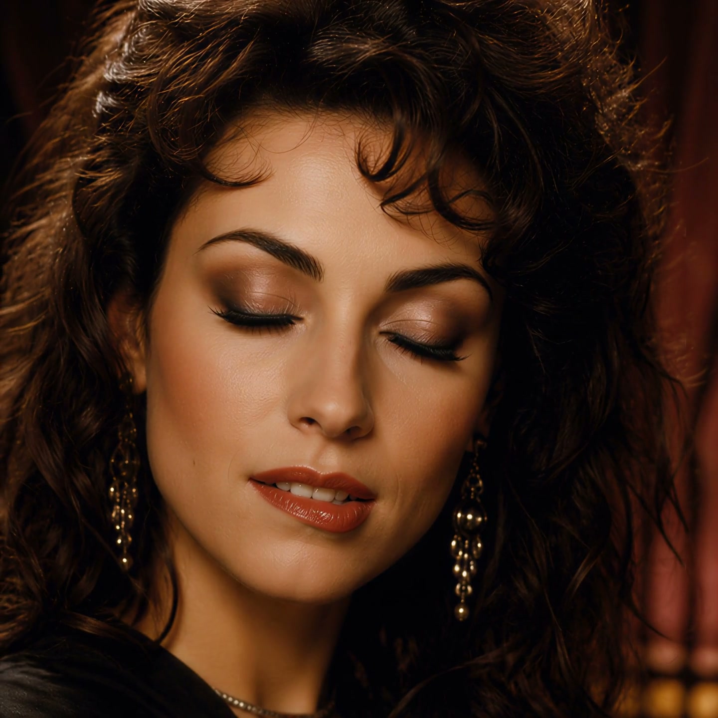 Close-up portrait of a woman with voluminous 80s curly hair, closed eyes, warm vintage makeup and...