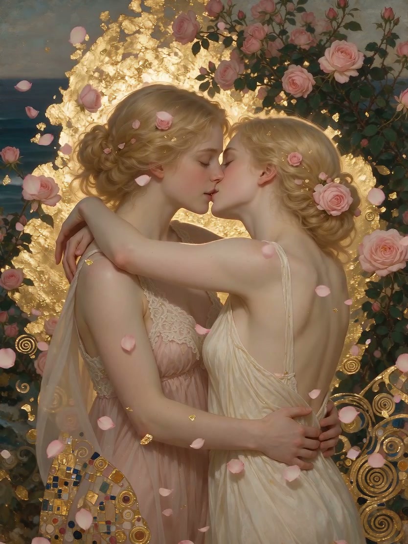 Art nouveau painting of two blonde women kissing, framed by pink roses and gilded Klimt-style gol...