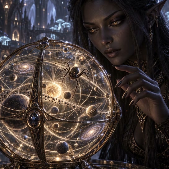 Dark elven sorceress studies a glowing celestial orrery holding an astral cosmic spider