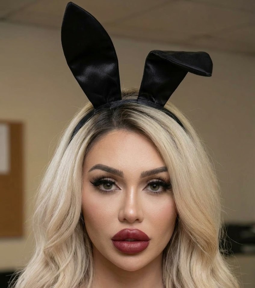 Closeup portrait of a blonde woman wearing a black satin bunny ear headband facing the camera