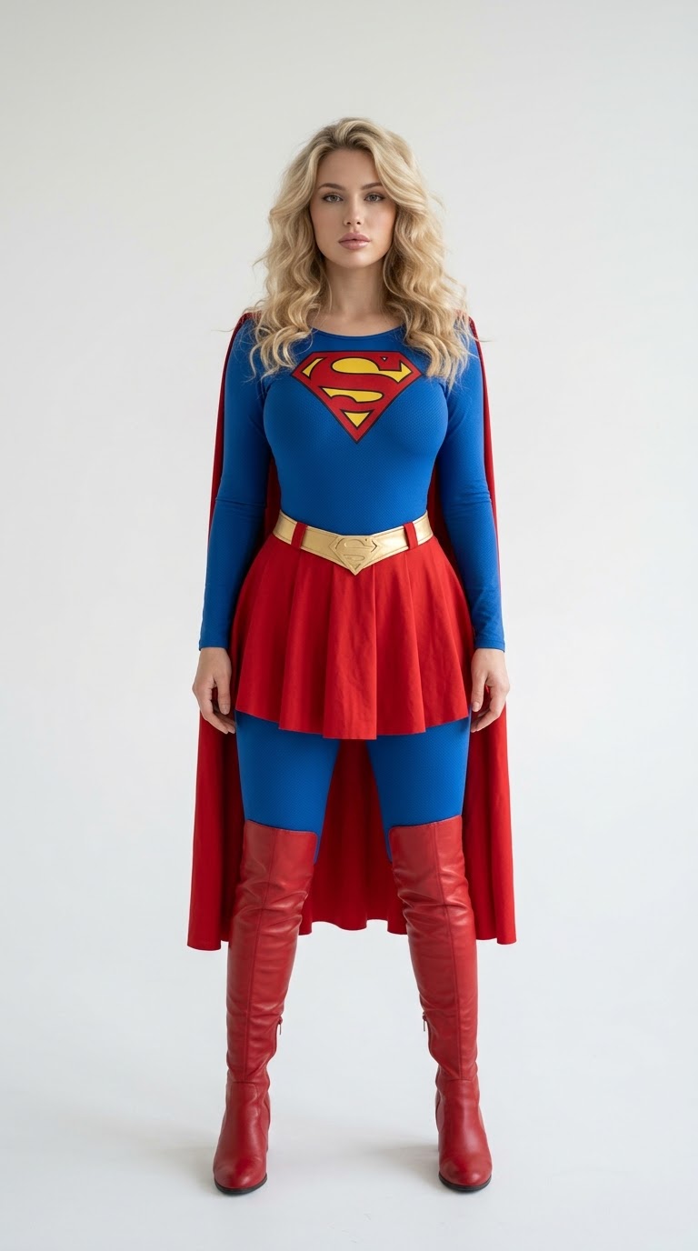 Blonde woman in a classic Supergirl superhero costume stands against a plain white studio backdrop