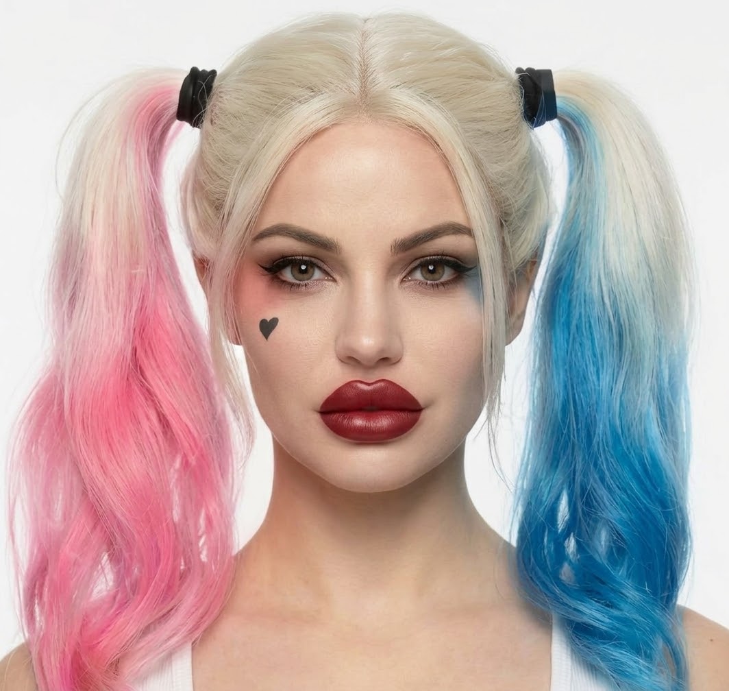 Woman in Harley Quinn cosplay with pink and blue gradient pigtail wig looks directly at the camera