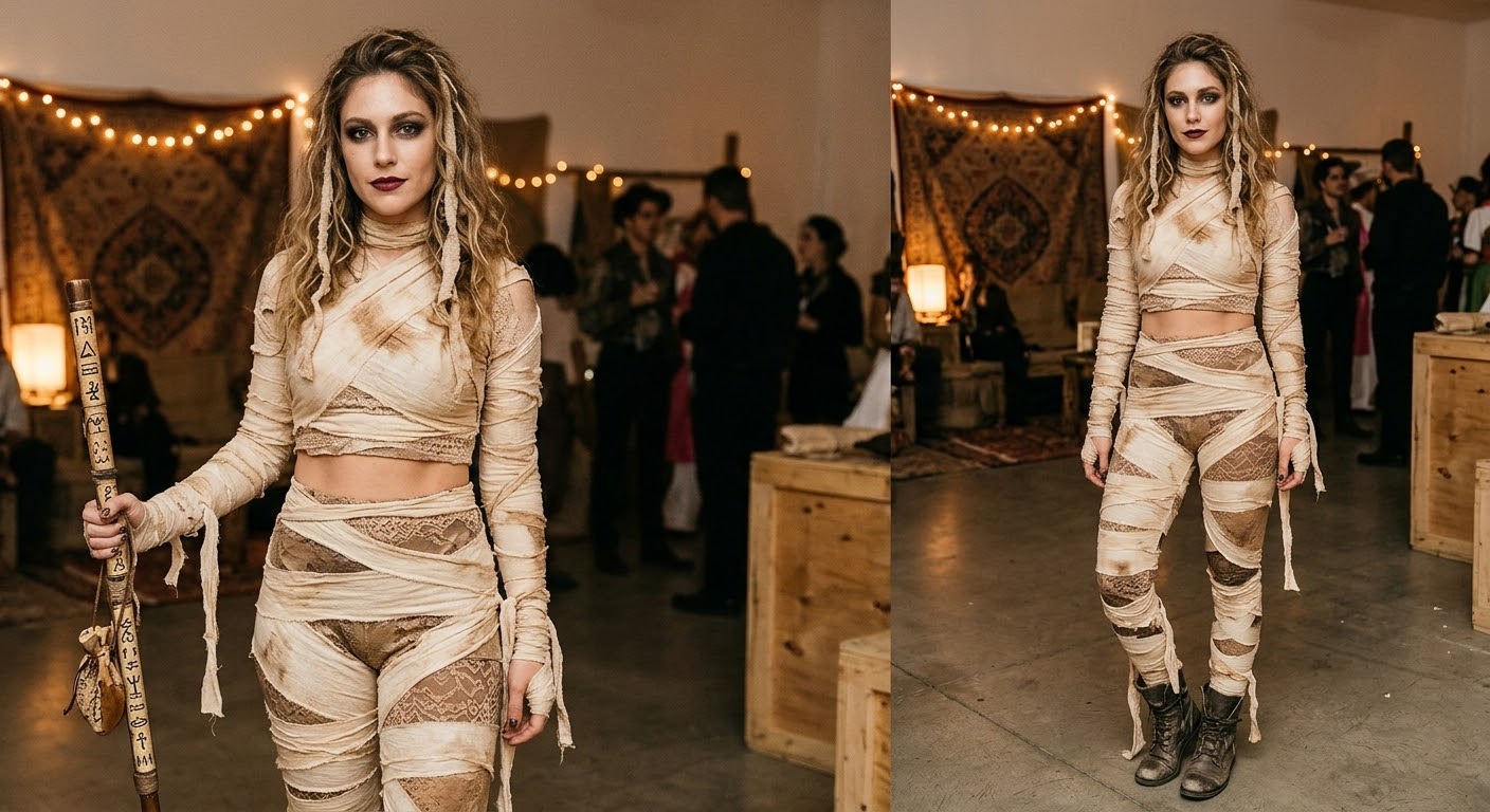 Woman in a detailed stylish mummy costume poses at a warm indoor Halloween costume party