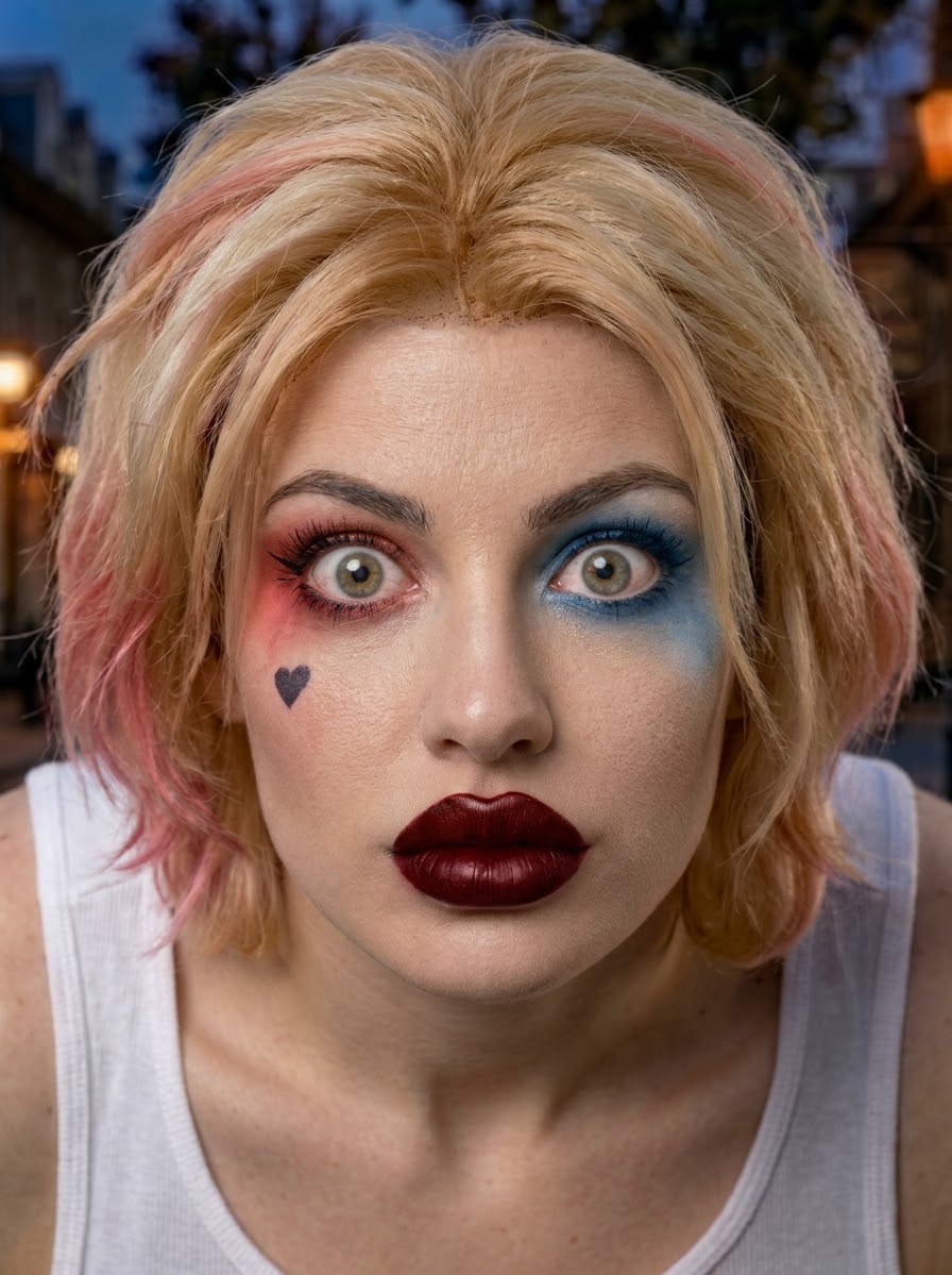 Close-up portrait of a Harley Quinn cosplayer with mismatched makeup and pink-tipped blonde wig staring wide-eyed