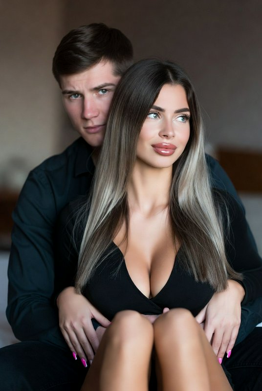 Young man embracing a woman with long ombre hair from behind, intimate indoor couple portrait, soft warm bokeh background