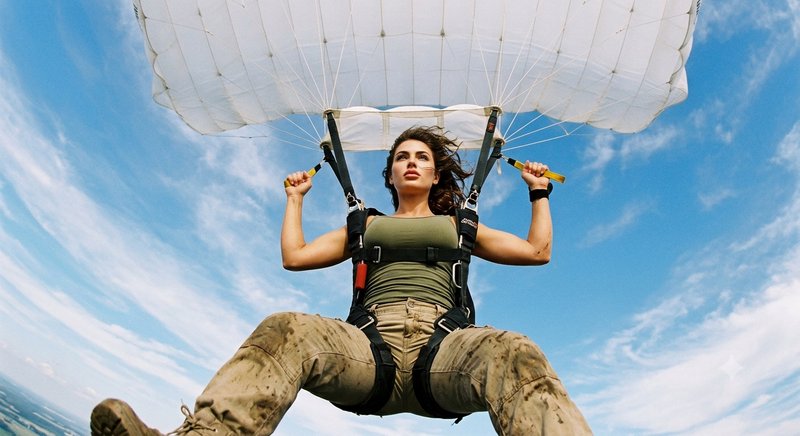 Low-angle shot of a female skydiver holding her open white parachute harness against a bright blue cloudy sky