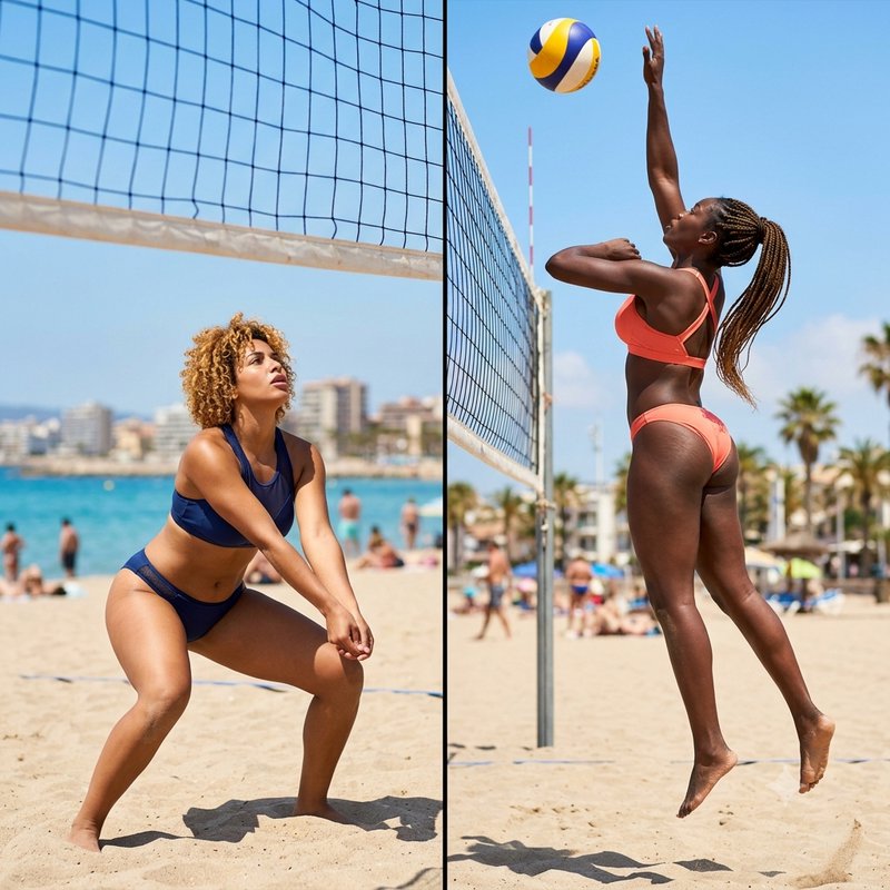 Split panel view of two women playing beach volleyball, one crouched to receive, the other spikin...