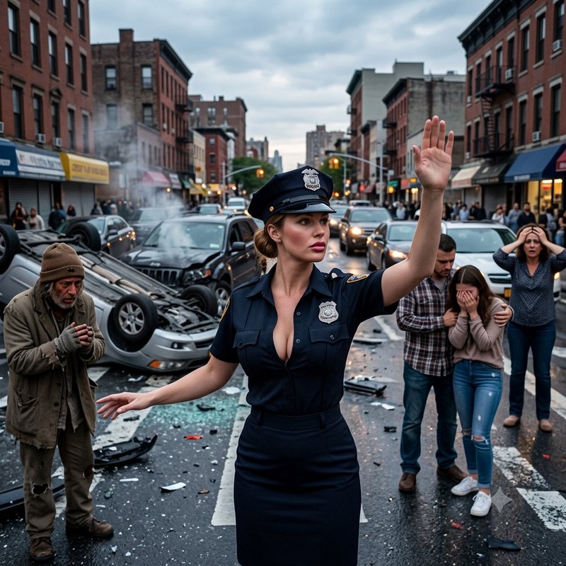 Female police officer directing onlookers at a multi-car crash on a busy wet New York City street