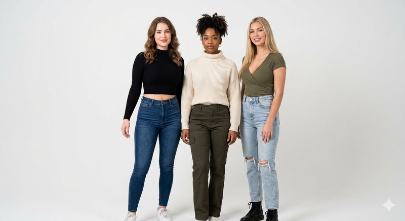 Three diverse young women in casual modern outfits stand side by side against a plain white studio background.