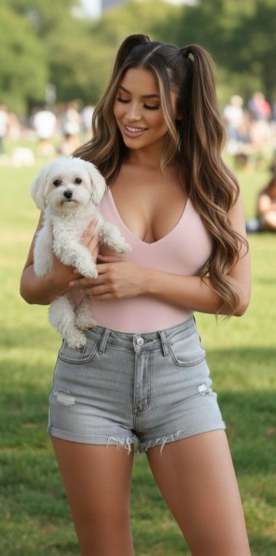 Young smiling woman with long highlighted pigtails holds a fluffy white Maltese dog in a sunlit p...