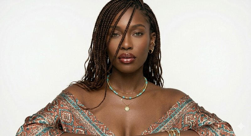 Studio portrait of elegant Black woman with brown box braids, boho turquoise gold jewelry, and pa...