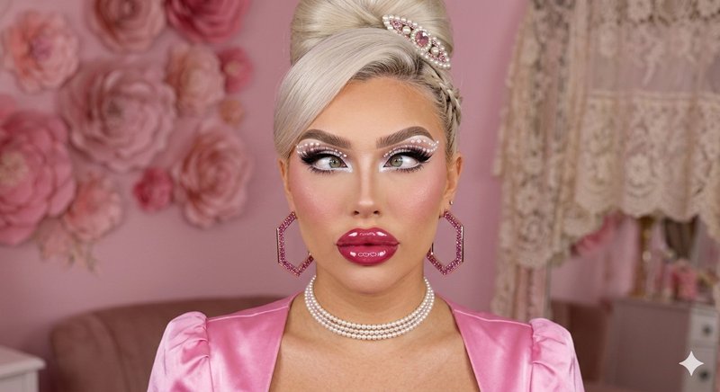 Glam platinum blonde woman with bold Barbie-inspired makeup, pink satin top, and crystal jewelry ...