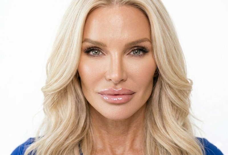 Close-up professional headshot of a mature woman with long wavy blonde hair and glowy makeup agai...