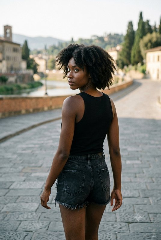 [Young Black woman with curly natural hair looks over her shoulder standing on a historic cobblestone riverside bridge at ...