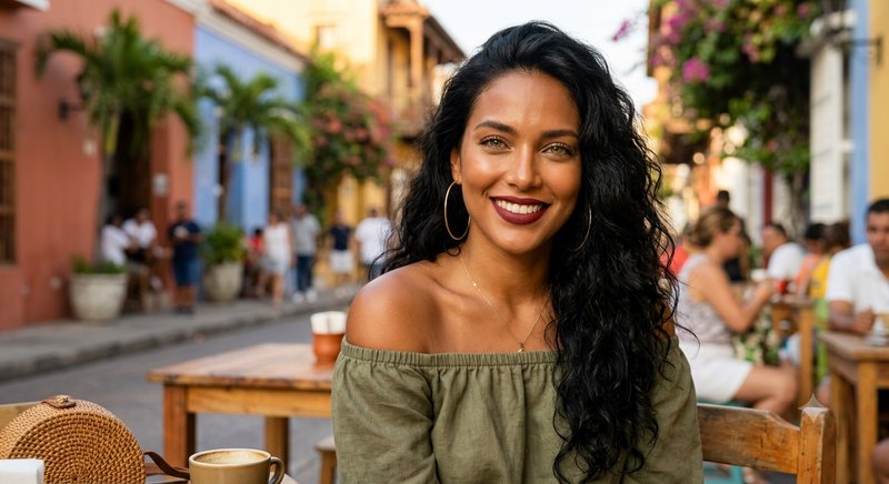 Smiling woman with long curly black hair sits at an outdoor café on a colorful historic colonial ...