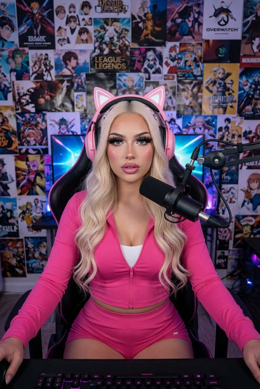 Blonde female gamer streamer wearing pink cat ear headphones sits at her gaming desk before an an...