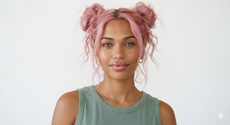 Portrait of a woman with pastel pink double space bun hair, soft smile, against a plain white bac...
