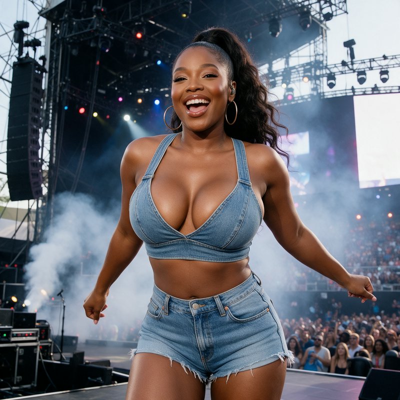 Joyful Black female performer in denim festival wear laughs while performing on an outdoor summer...