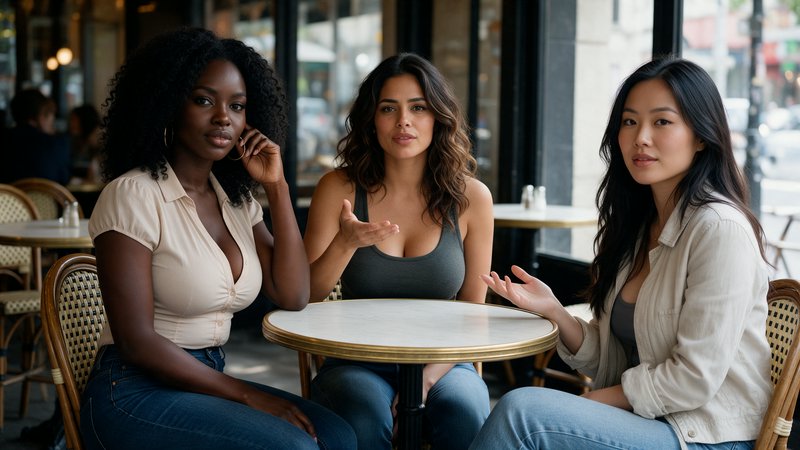Three diverse young women seated at a sidewalk bistro cafe table, gesturing and looking toward th...