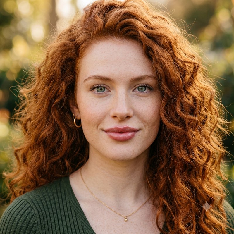 Headshot portrait of a woman with long curly red hair looking directly at the camera outdoors
