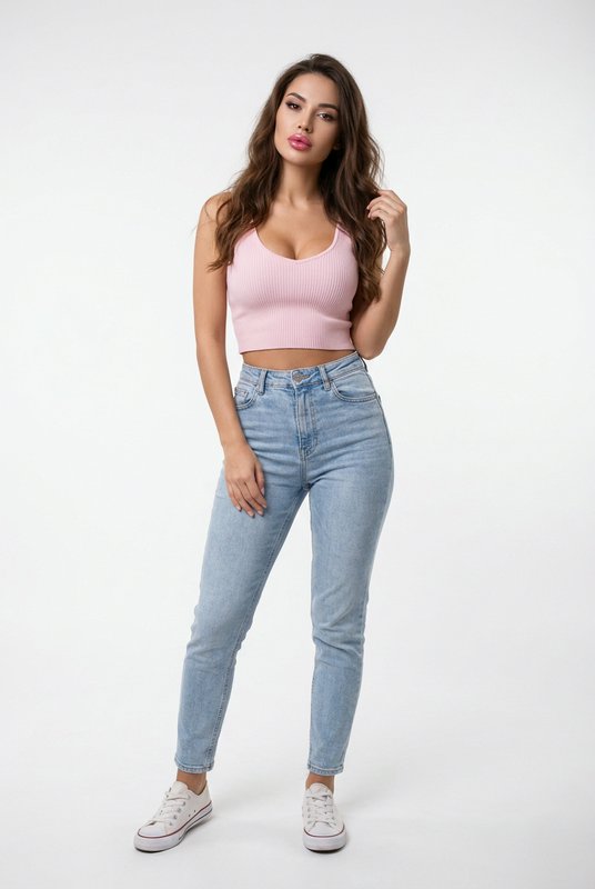 Young woman in a pink ribbed crop top, light wash jeans, and white sneakers poses against a plain...